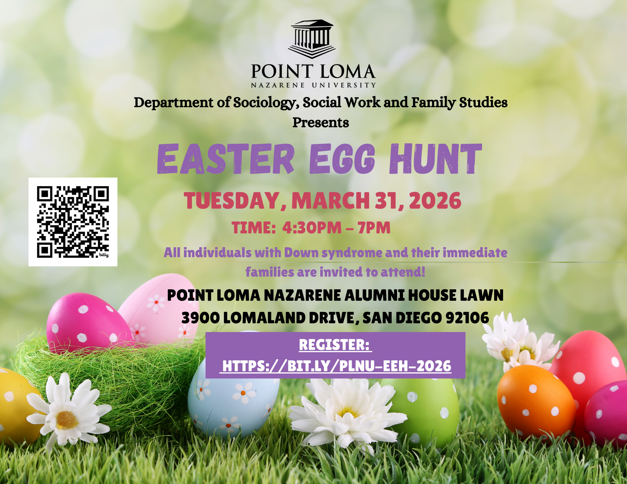PLNU 15th Annual Easter Egg Hunt and Parent Reception for DS Action families. Come out on TUESDAY, March 31, 2026 from 4:30 pm - 7:00 pm